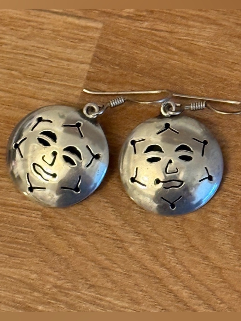 Vintage Sterling Silver Sun Tribal Face Earrings Mexico 925 Celestial Folk Art